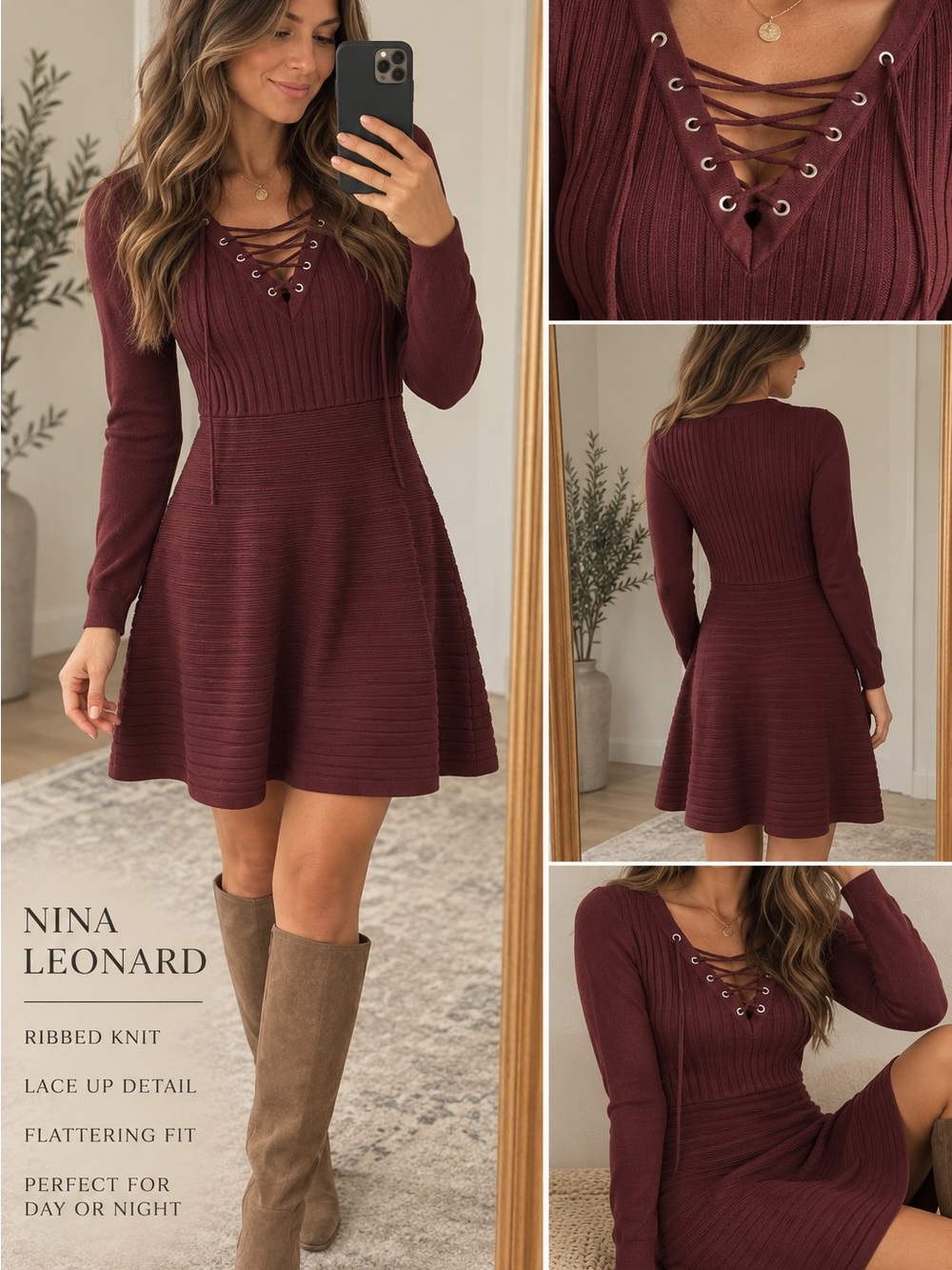 Nina Leonard Burgundy Lace-Up Ribbed Fit-and-Flare Dress